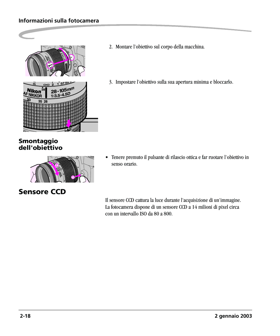 Kodak DCSPRO14N manual Sensore CCD, Smontaggio dellobiettivo 