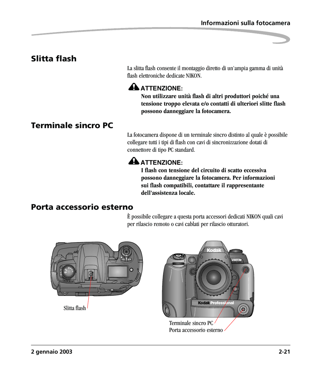 Kodak DCSPRO14N manual Slitta flash, Terminale sincro PC, Porta accessorio esterno 