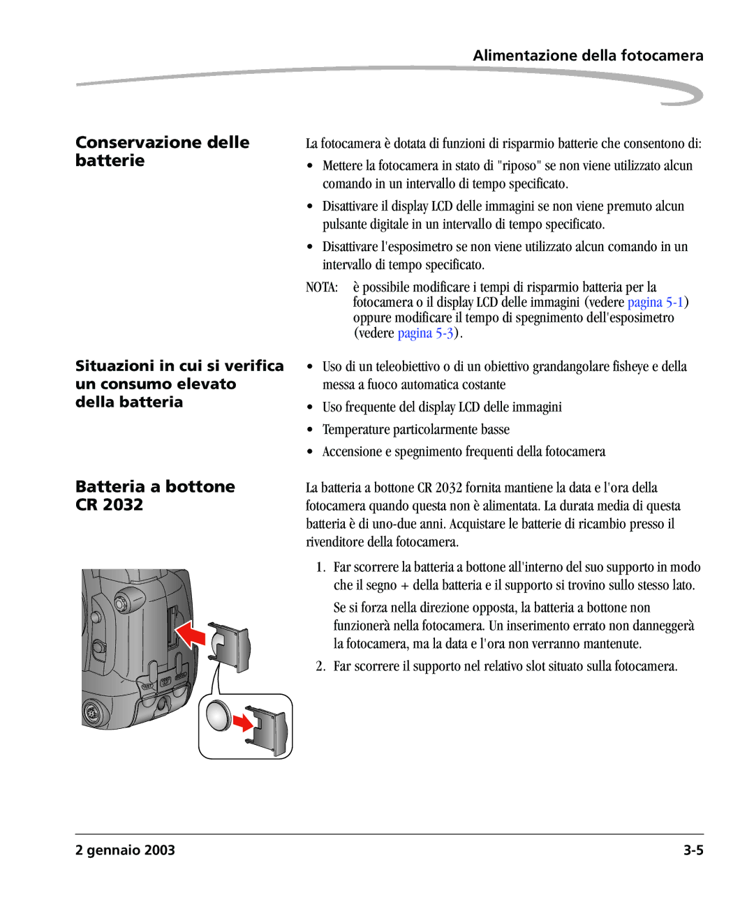 Kodak DCSPRO14N manual Conservazione delle batterie, Batteria a bottone CR 