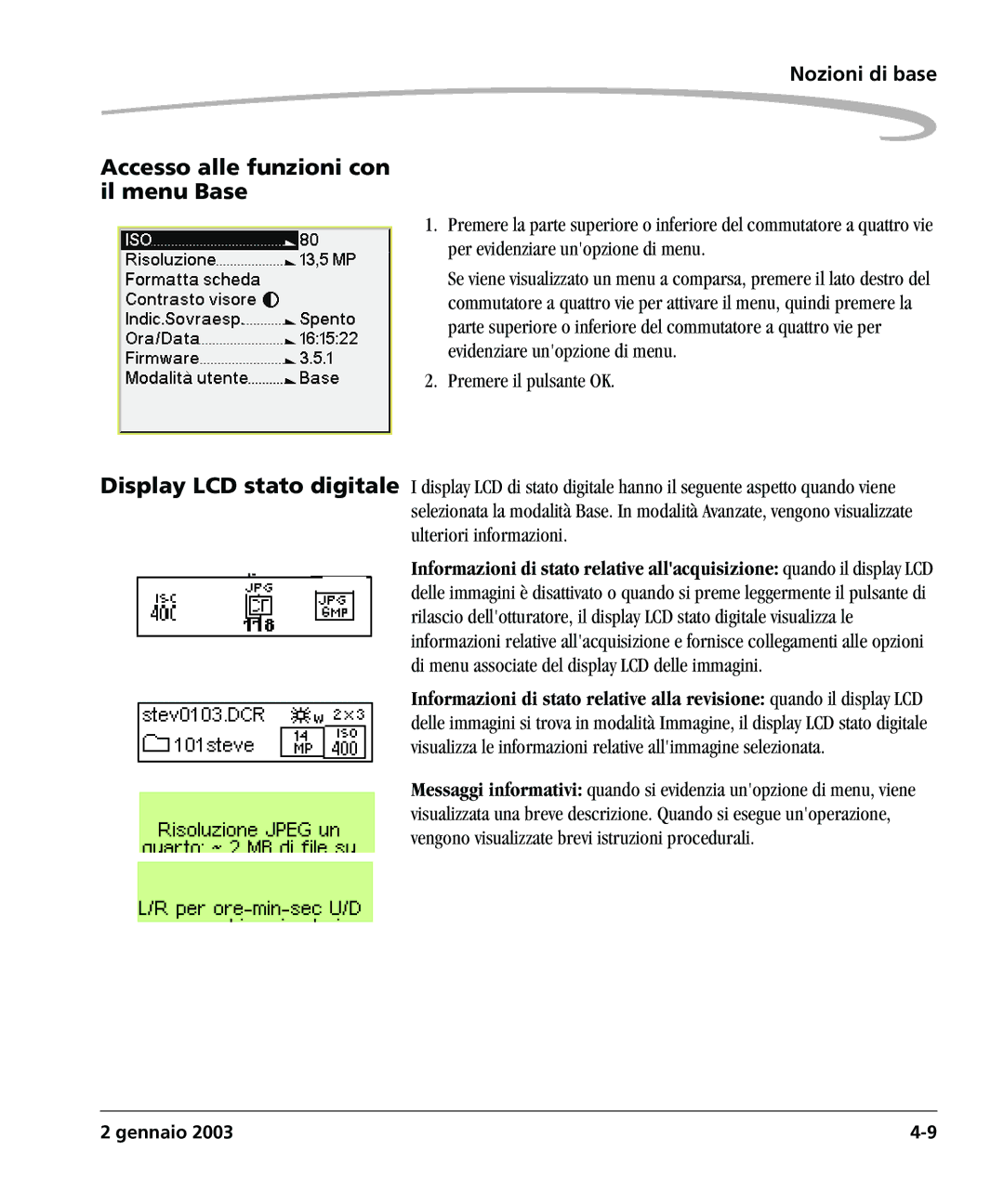 Kodak DCSPRO14N manual Accesso alle funzioni con il menu Base 