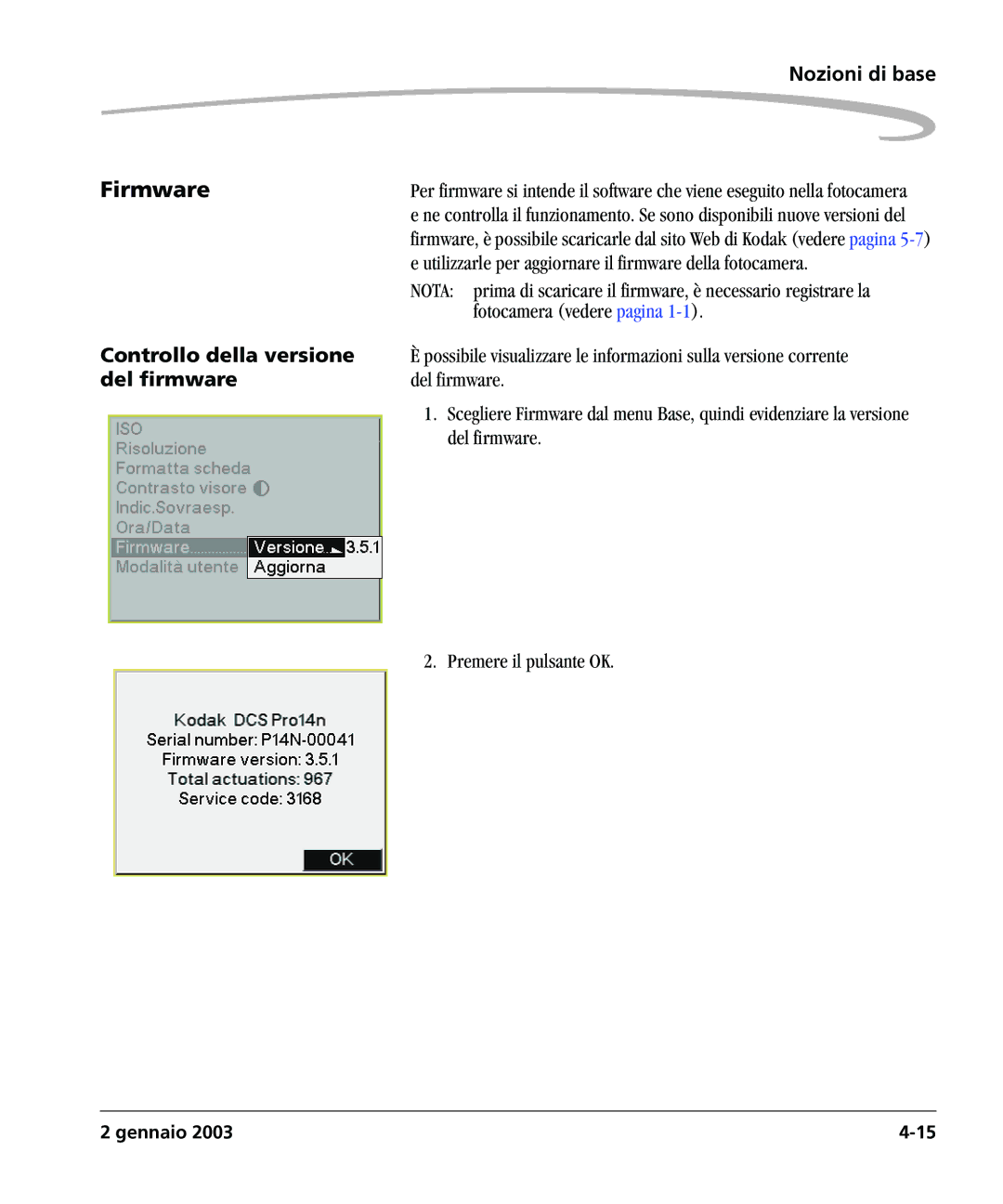 Kodak DCSPRO14N manual Firmware, Controllo della versione, Del firmware 