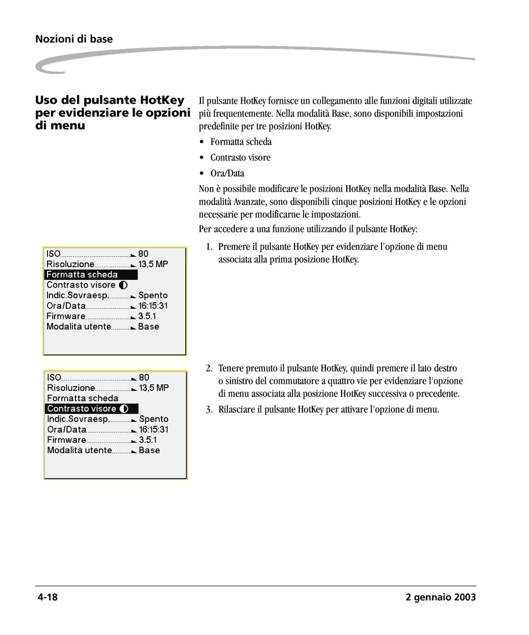 Kodak DCSPRO14N manual Uso del pulsante HotKey per evidenziare le opzioni di menu 