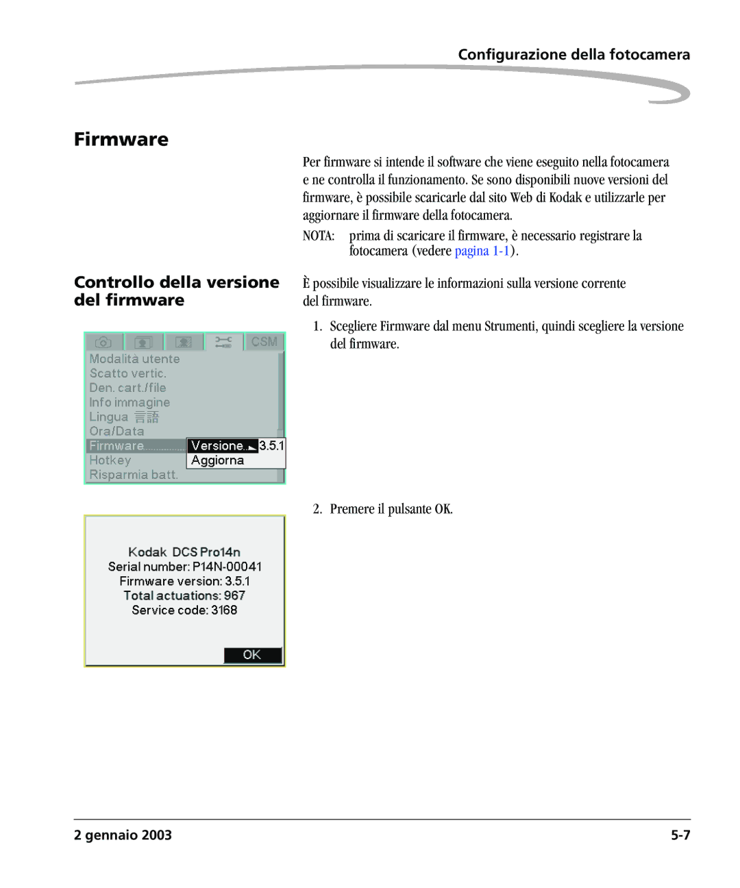 Kodak DCSPRO14N manual Firmware, Controllo della versione, Del firmware, Aggiornare il firmware della fotocamera 