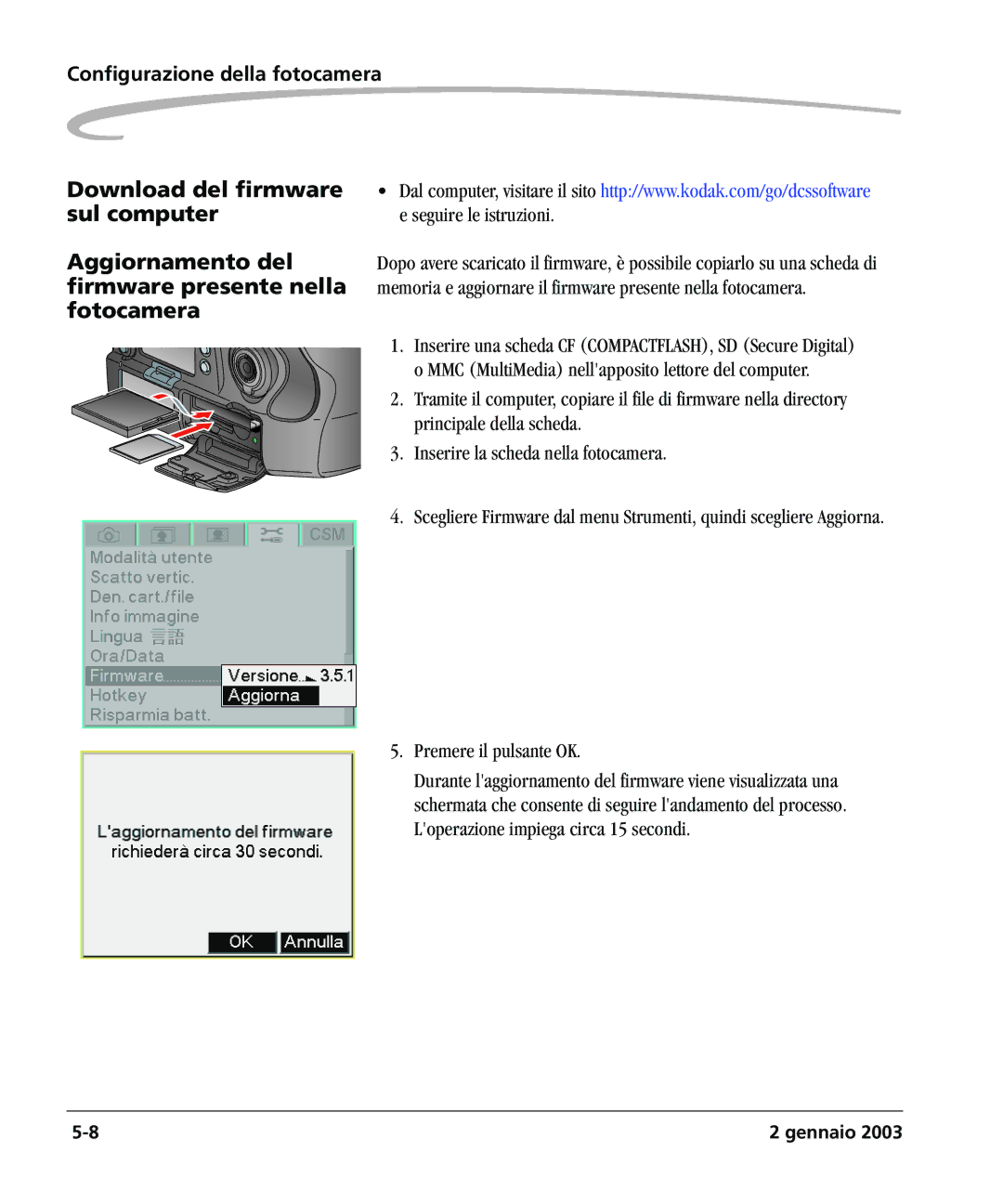 Kodak DCSPRO14N manual Download del firmware Sul computer, Aggiornamento del, Fotocamera 