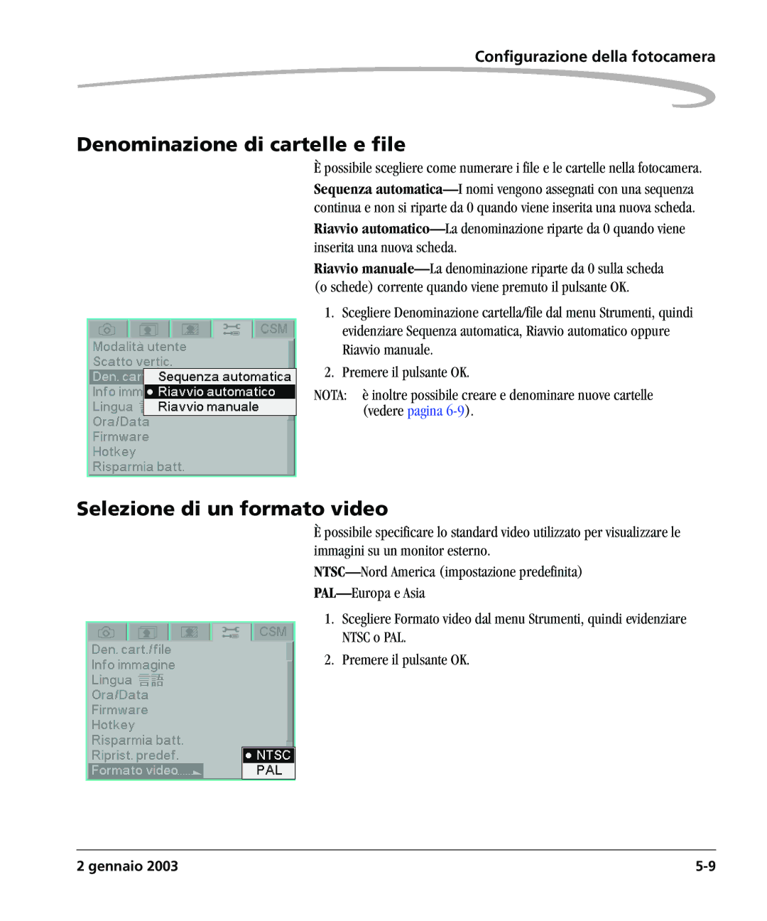 Kodak DCSPRO14N manual Denominazione di cartelle e file, Selezione di un formato video 