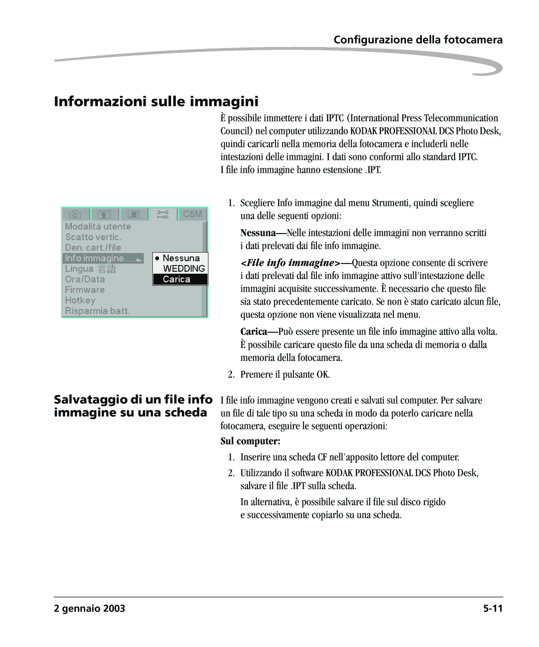 Kodak DCSPRO14N manual Informazioni sulle immagini, Salvataggio di un file info immagine su una scheda, Sul computer 