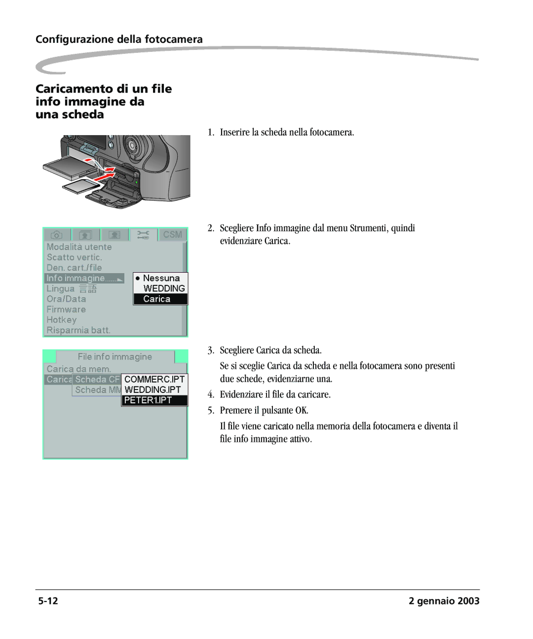 Kodak DCSPRO14N manual Caricamento di un file info immagine da una scheda 