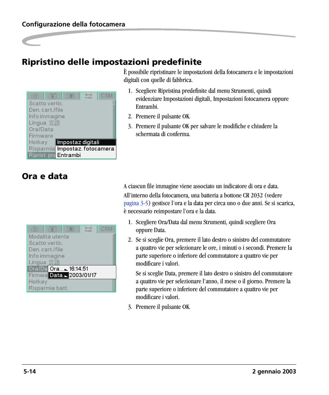 Kodak DCSPRO14N manual Ripristino delle impostazioni predefinite, Ora e data 