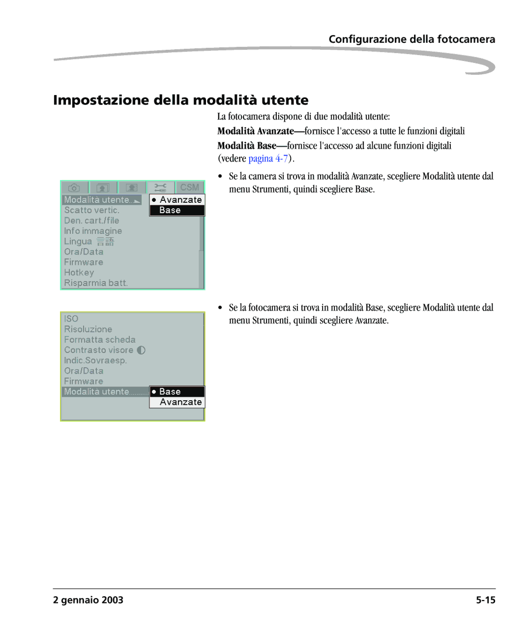 Kodak DCSPRO14N manual Impostazione della modalità utente 