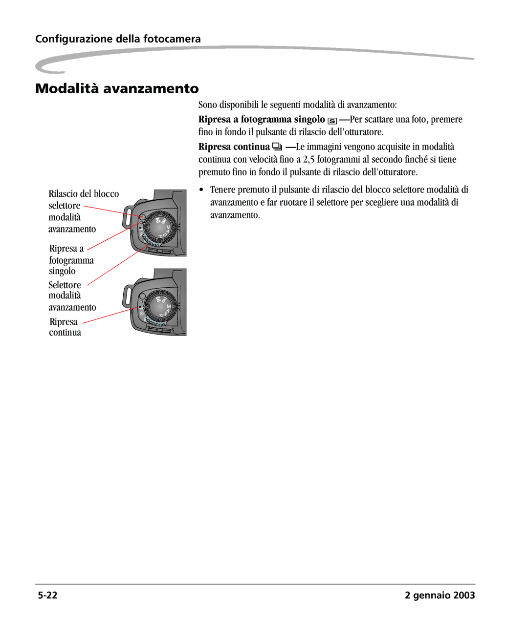 Kodak DCSPRO14N manual Modalità avanzamento, Rilascio del blocco selettore modalità avanzamento 