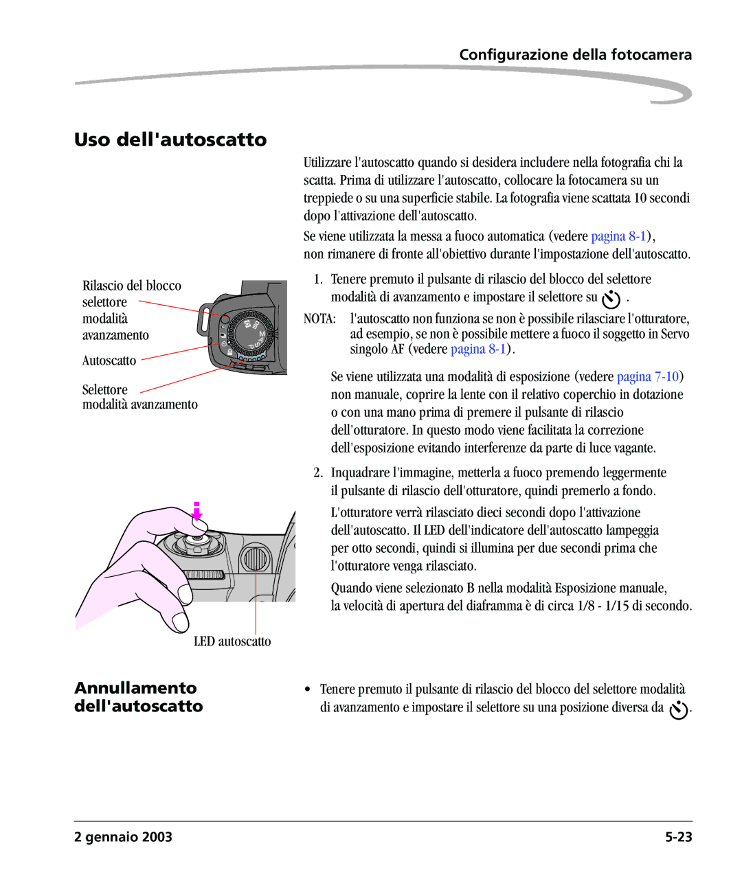 Kodak DCSPRO14N manual Uso dellautoscatto, Annullamento dellautoscatto 