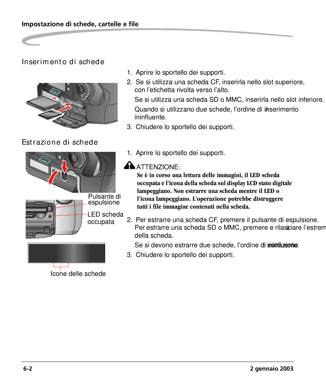 Kodak DCSPRO14N manual Inserimento di schede Estrazione di schede, Impostazione di schede, cartelle e file 