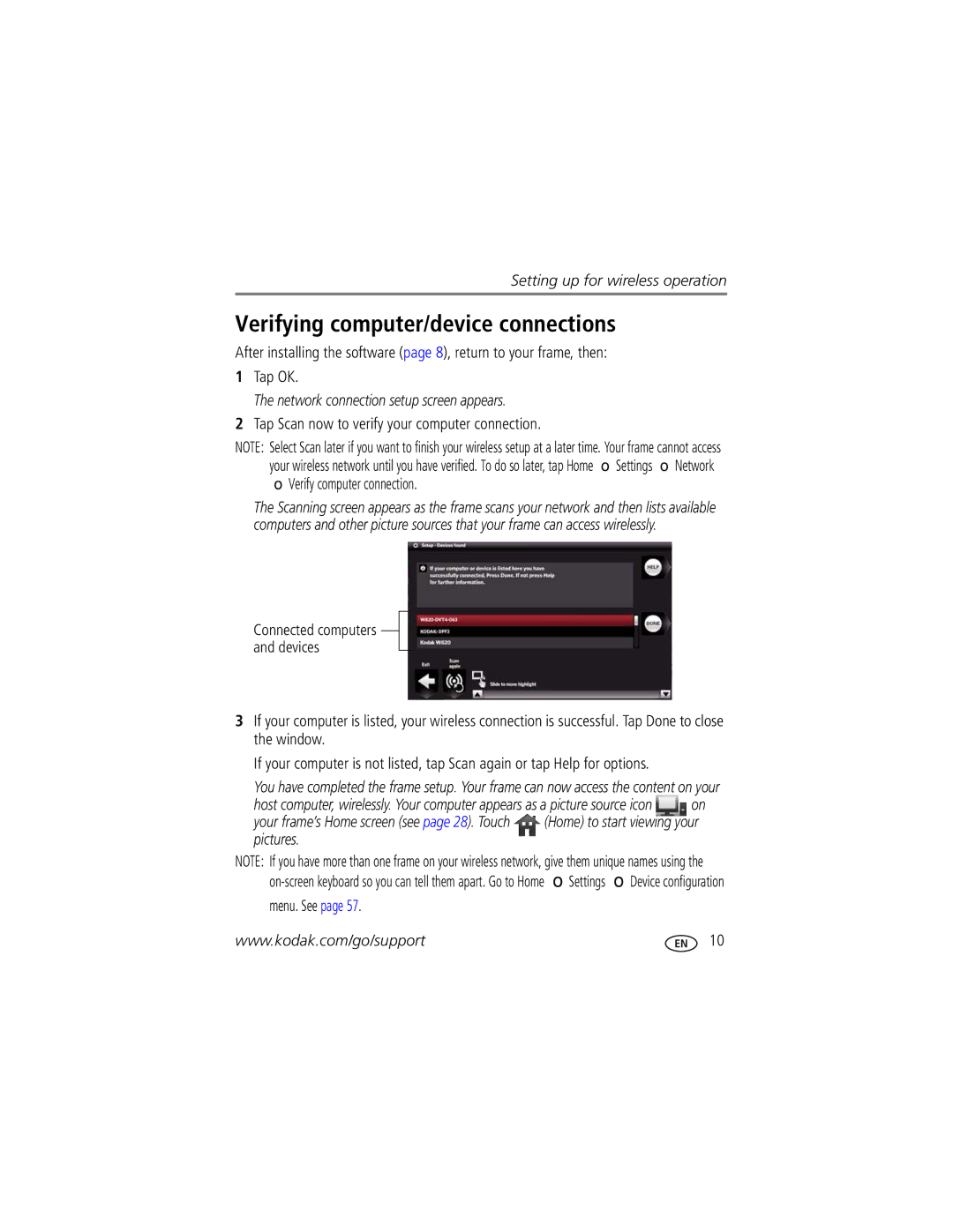 Kodak Digital Photo Frame manual Verifying computer/device connections, Network connection setup screen appears, Menu. See 