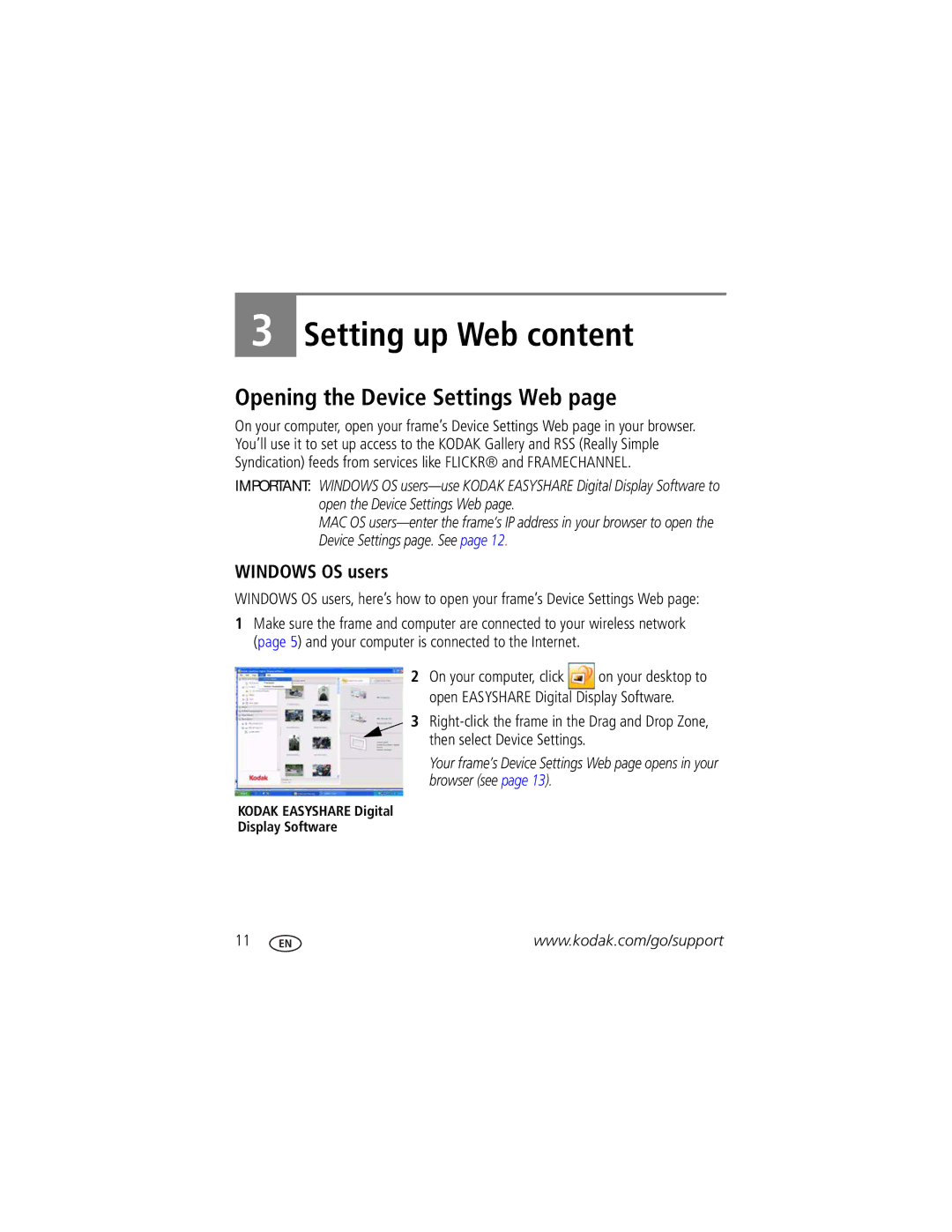 Kodak Digital Photo Frame manual Opening the Device Settings Web, Windows OS users, Then select Device Settings 