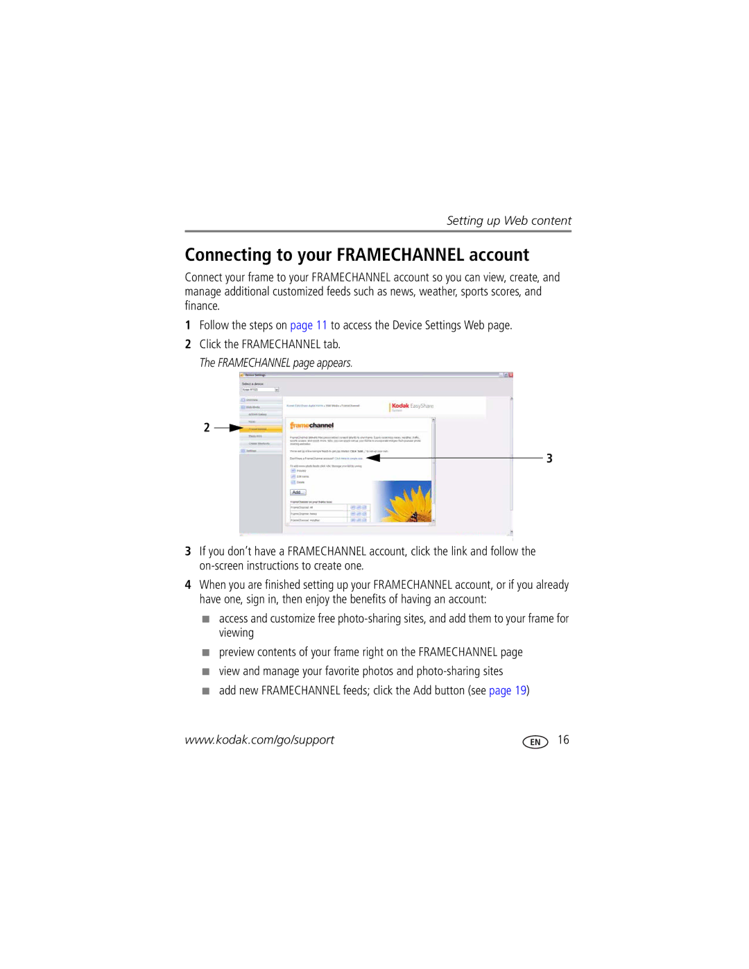 Kodak Digital Photo Frame manual Connecting to your Framechannel account 