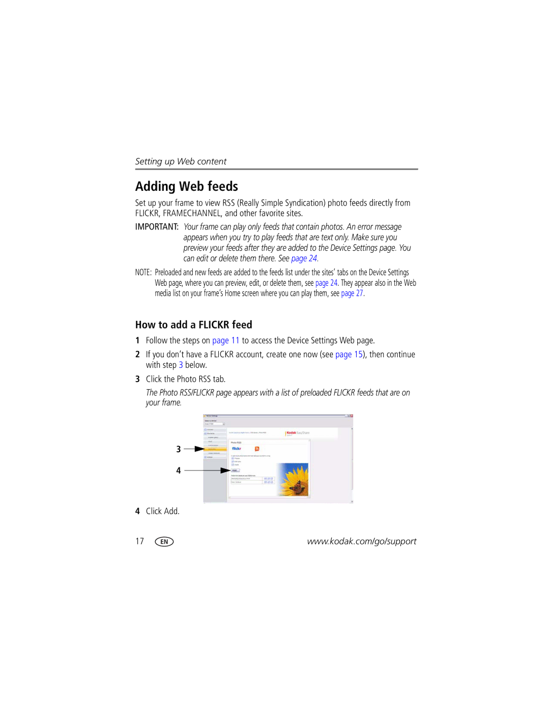 Kodak Digital Photo Frame manual Adding Web feeds, How to add a Flickr feed, Click Add 