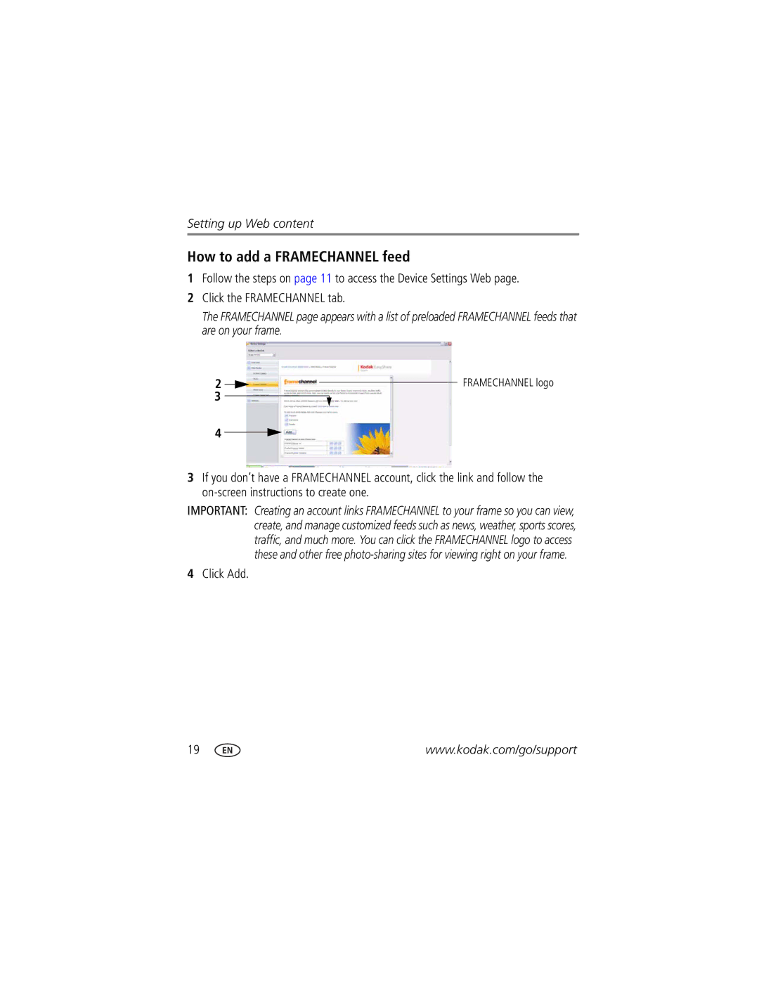 Kodak Digital Photo Frame manual How to add a Framechannel feed 