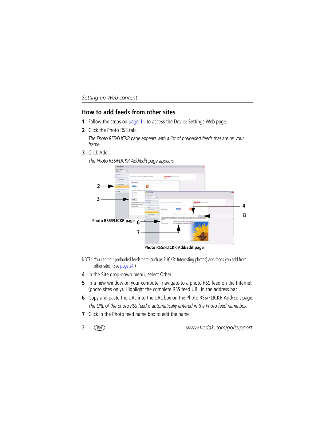 Kodak Digital Photo Frame manual How to add feeds from other sites, Site drop-down menu, select Other 