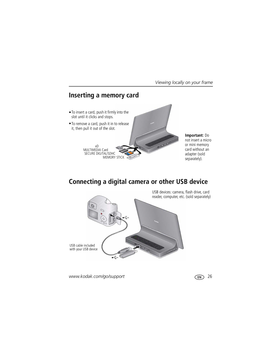 Kodak Digital Photo Frame manual Inserting a memory card, Connecting a digital camera or other USB device 