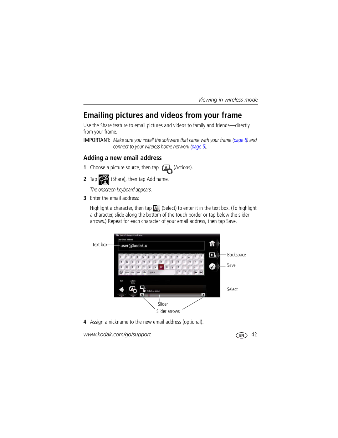 Kodak Digital Photo Frame manual Emailing pictures and videos from your frame, Adding a new email address 