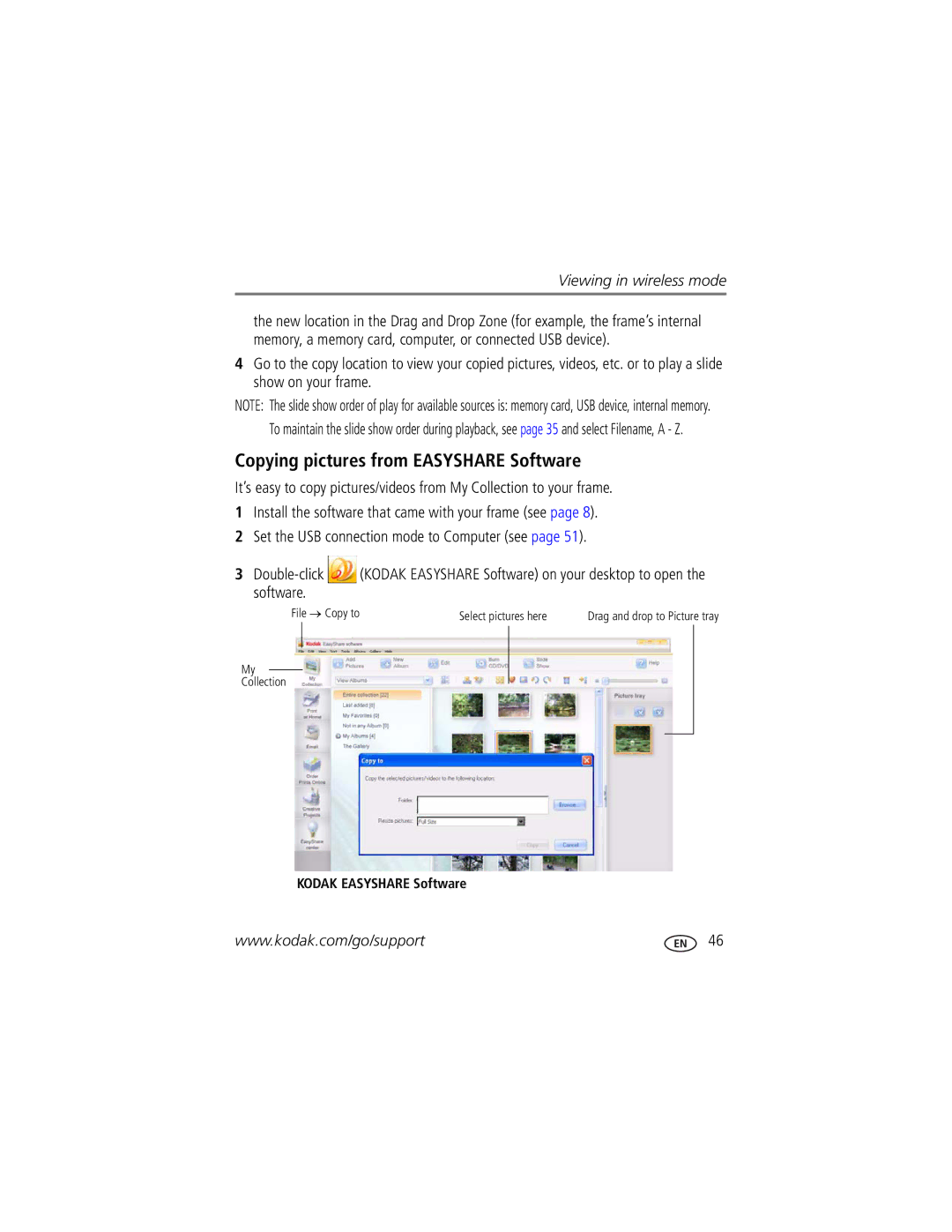 Kodak Digital Photo Frame manual Copying pictures from Easyshare Software, Kodak Easyshare Software 