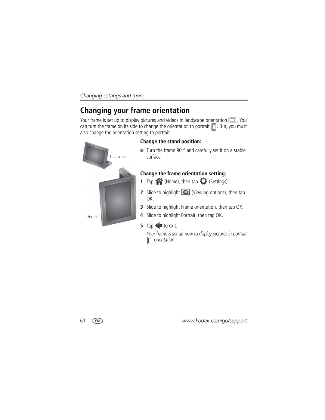 Kodak Digital Photo Frame Changing your frame orientation, Change the stand position, Change the frame orientation setting 