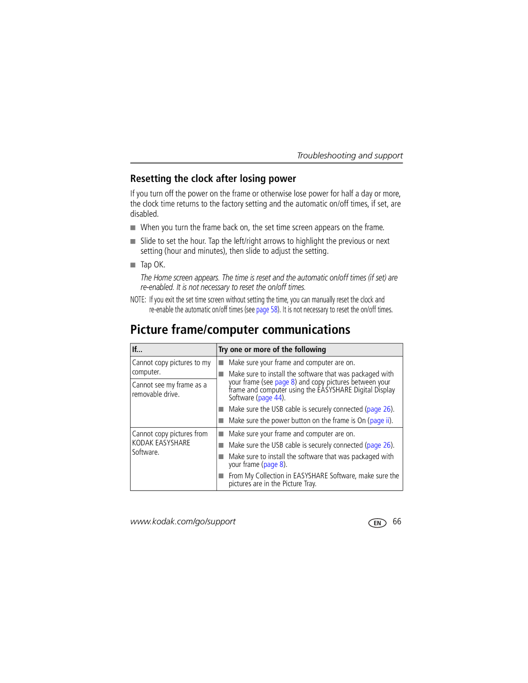 Kodak Digital Photo Frame manual Picture frame/computer communications, Resetting the clock after losing power 