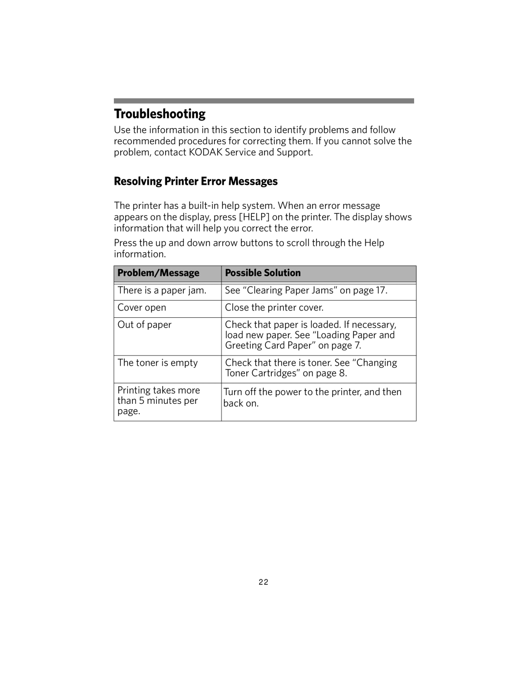 Kodak DL2100 manual Troubleshooting, Resolving Printer Error Messages 