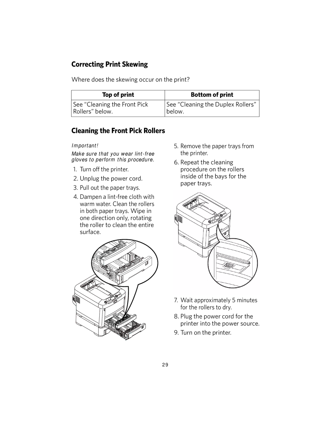 Kodak DL2100 manual Correcting Print Skewing, Cleaning the Front Pick Rollers 