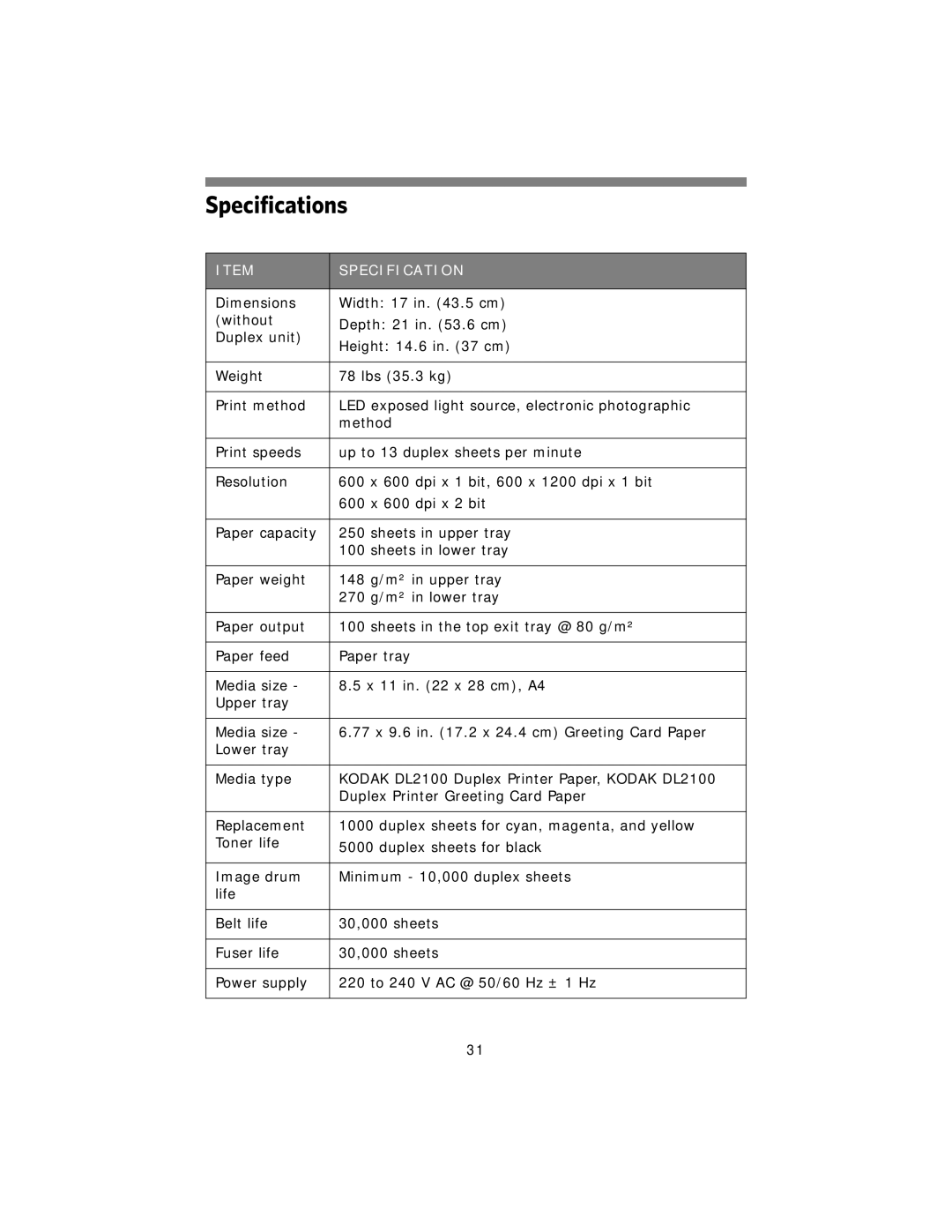 Kodak DL2100 manual Specifications 