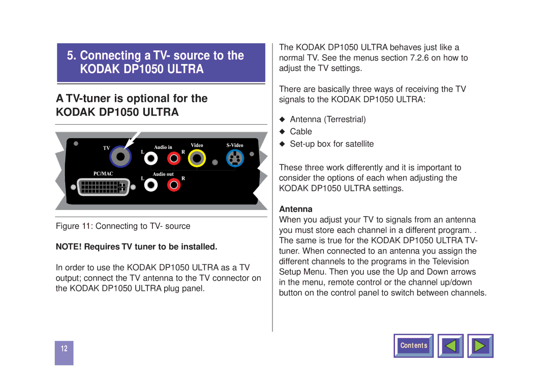 Kodak DP1050 manual TV-tuner is optional for, Antenna 