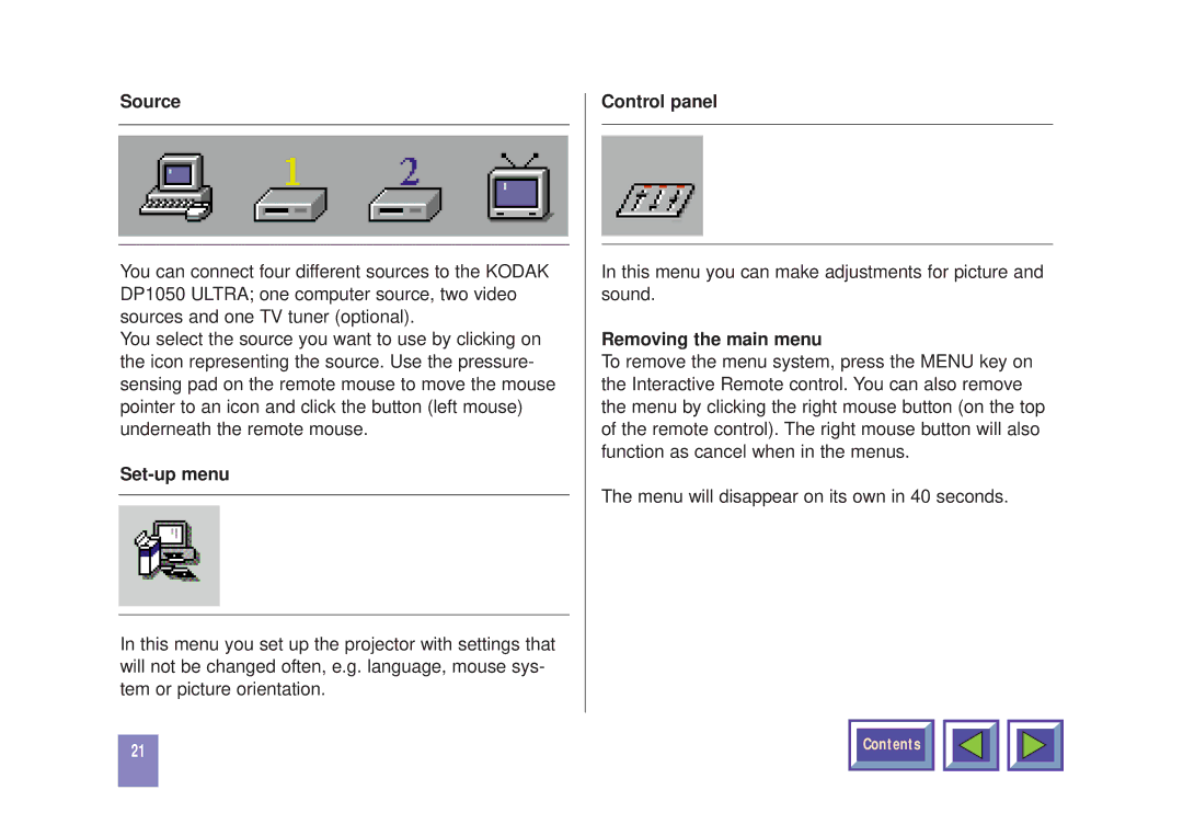 Kodak DP1050 manual Set-up menu, Control panel, Removing the main menu 