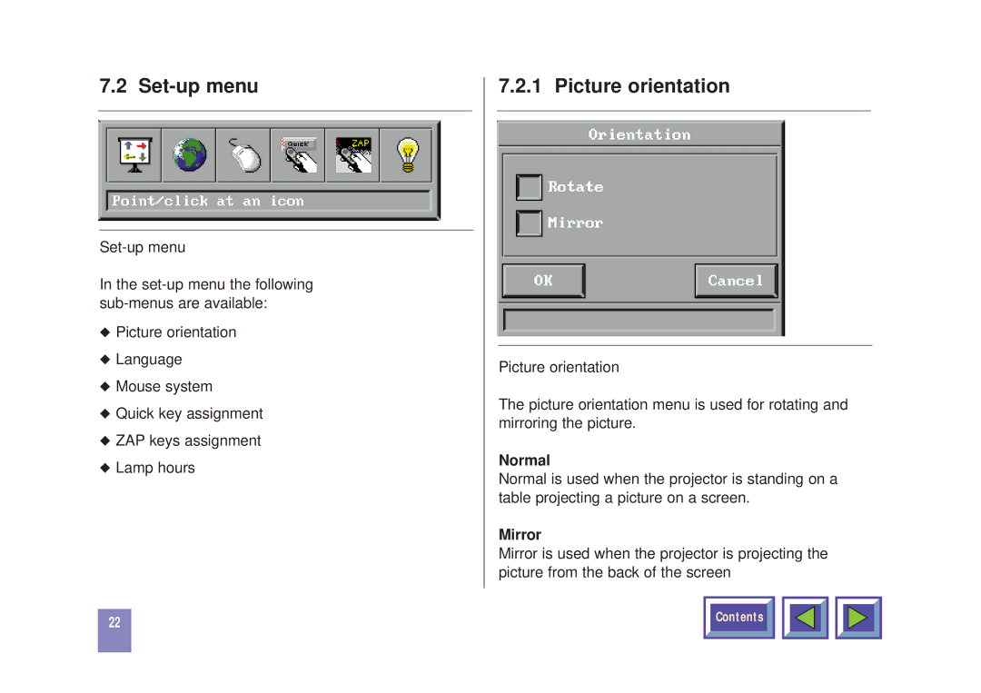 Kodak DP1050 manual Set-up menu, Picture orientation, Normal, Mirror 