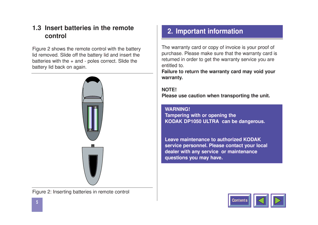 Kodak DP1050 manual Important information, Insert batteries in the remote control 