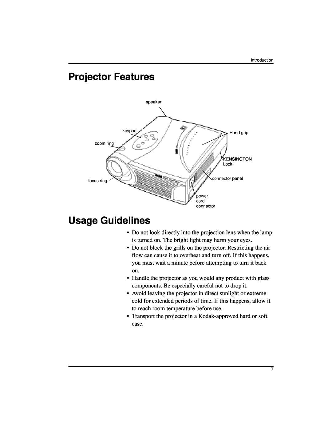 Kodak DP2000 manual Projector Features, Usage Guidelines 