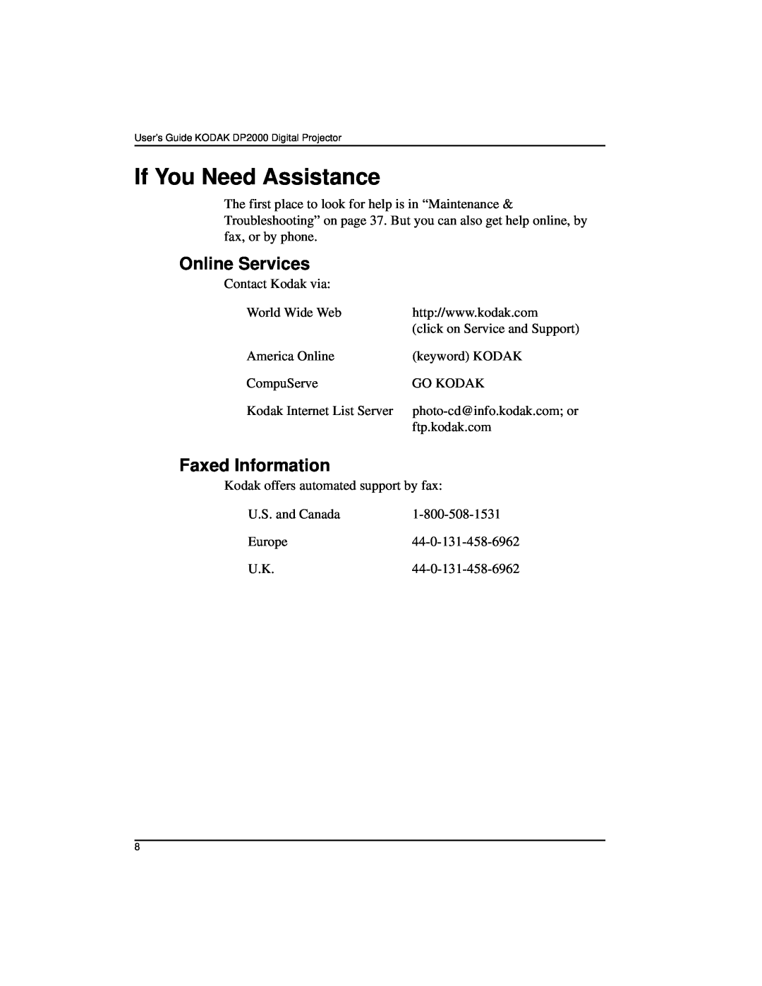 Kodak DP2000 manual If You Need Assistance, Online Services, Faxed Information 