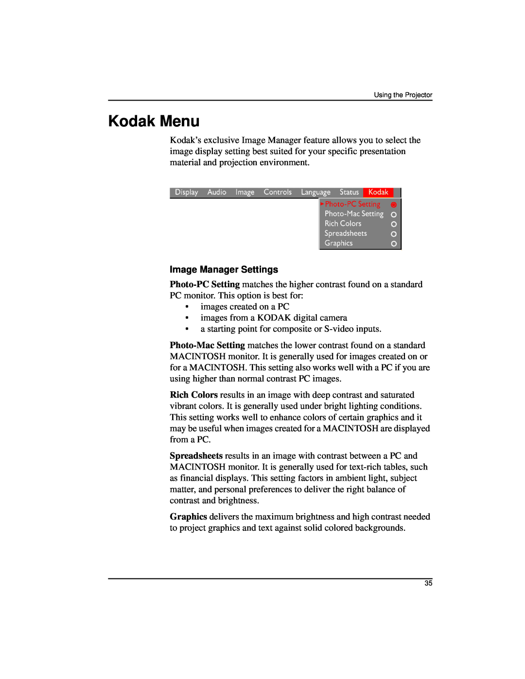 Kodak DP2000 manual Kodak Menu, Image Manager Settings 