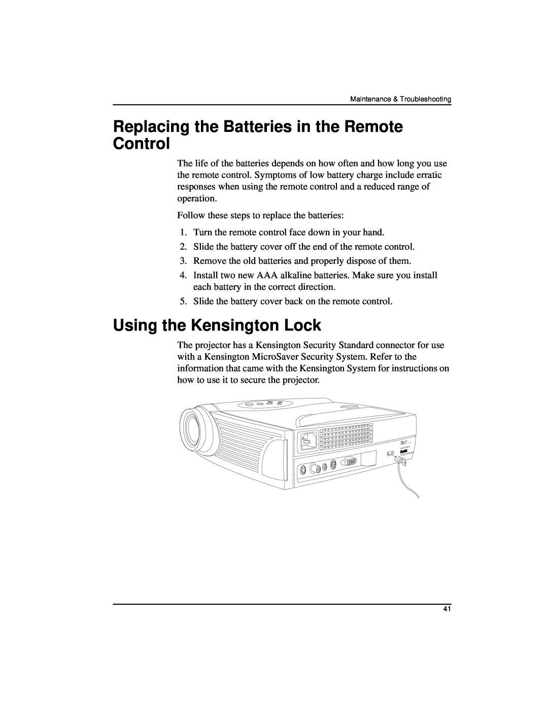 Kodak DP2000 manual Replacing the Batteries in the Remote Control, Using the Kensington Lock 