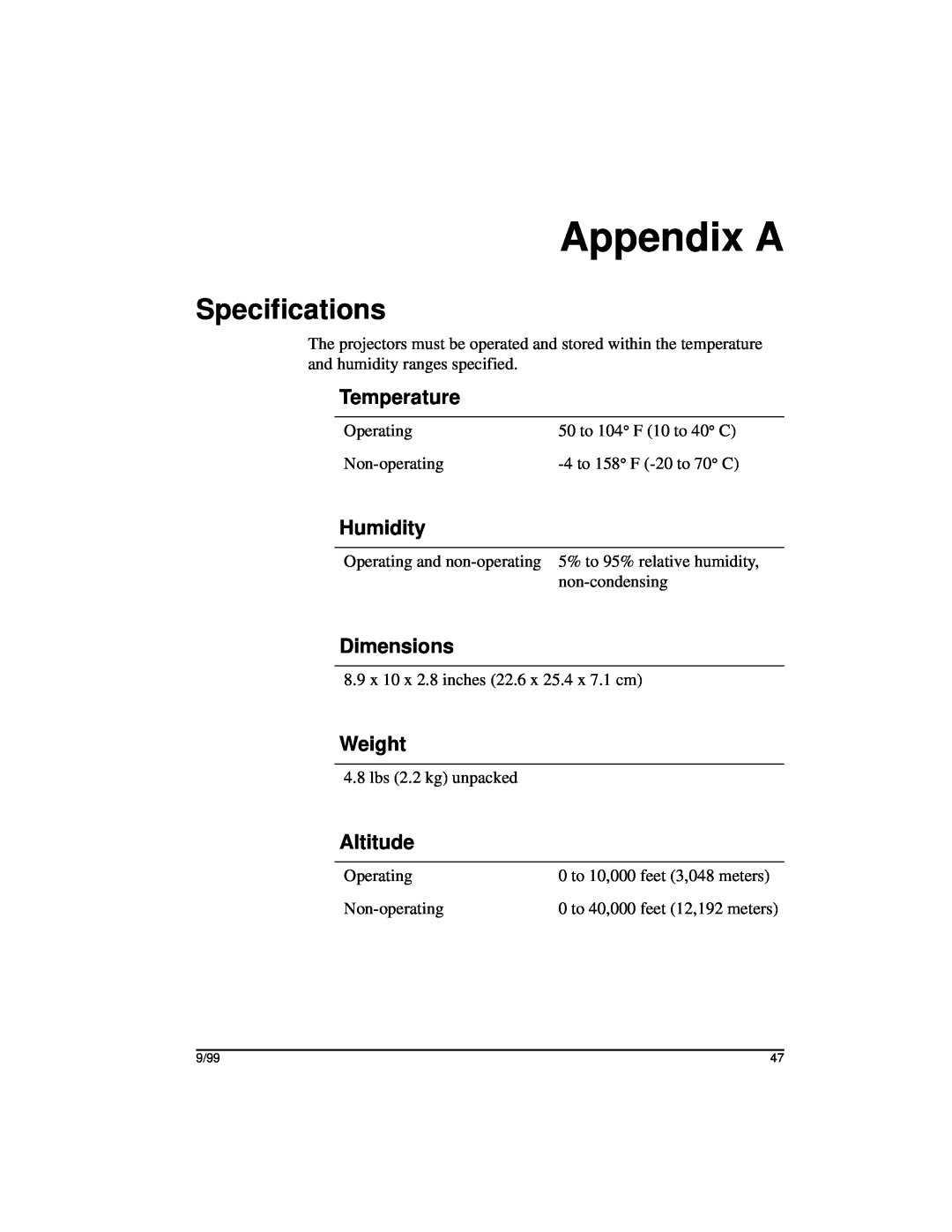 Kodak DP2000 manual Appendix A, Specifications, Temperature, Humidity, Dimensions, Weight, Altitude 