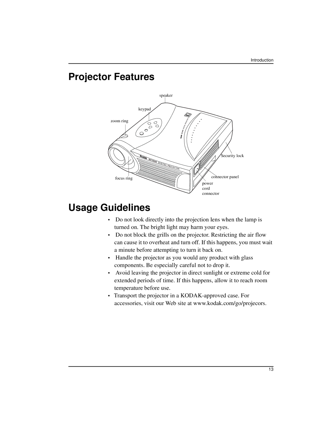 Kodak DP2900 manual Projector Features, Usage Guidelines 