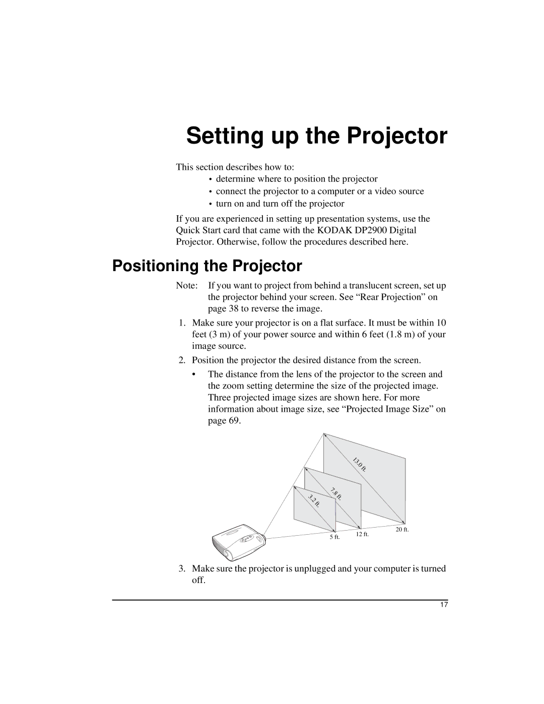 Kodak DP2900 manual Setting up the Projector, Positioning the Projector 