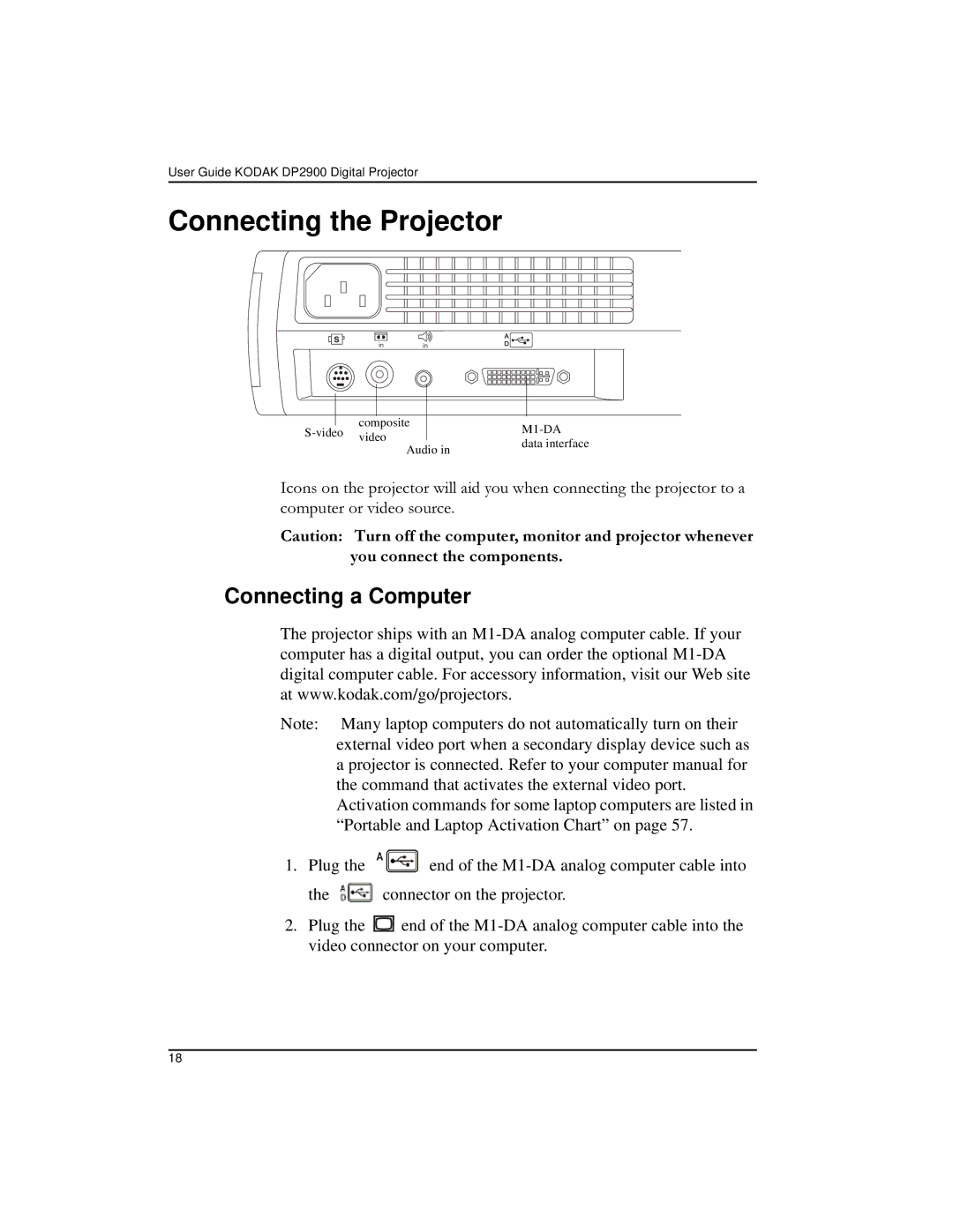 Kodak DP2900 manual Connecting the Projector, Connecting a Computer 