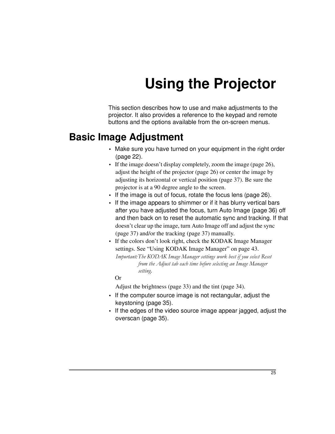 Kodak DP2900 manual Using the Projector, Basic Image Adjustment 