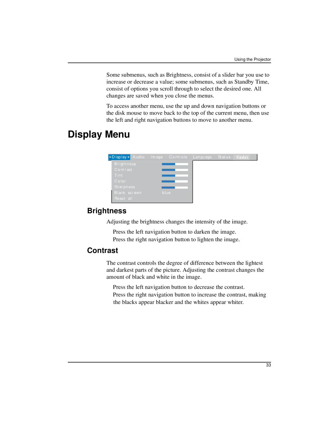 Kodak DP2900 manual Display Menu, Brightness, Contrast 