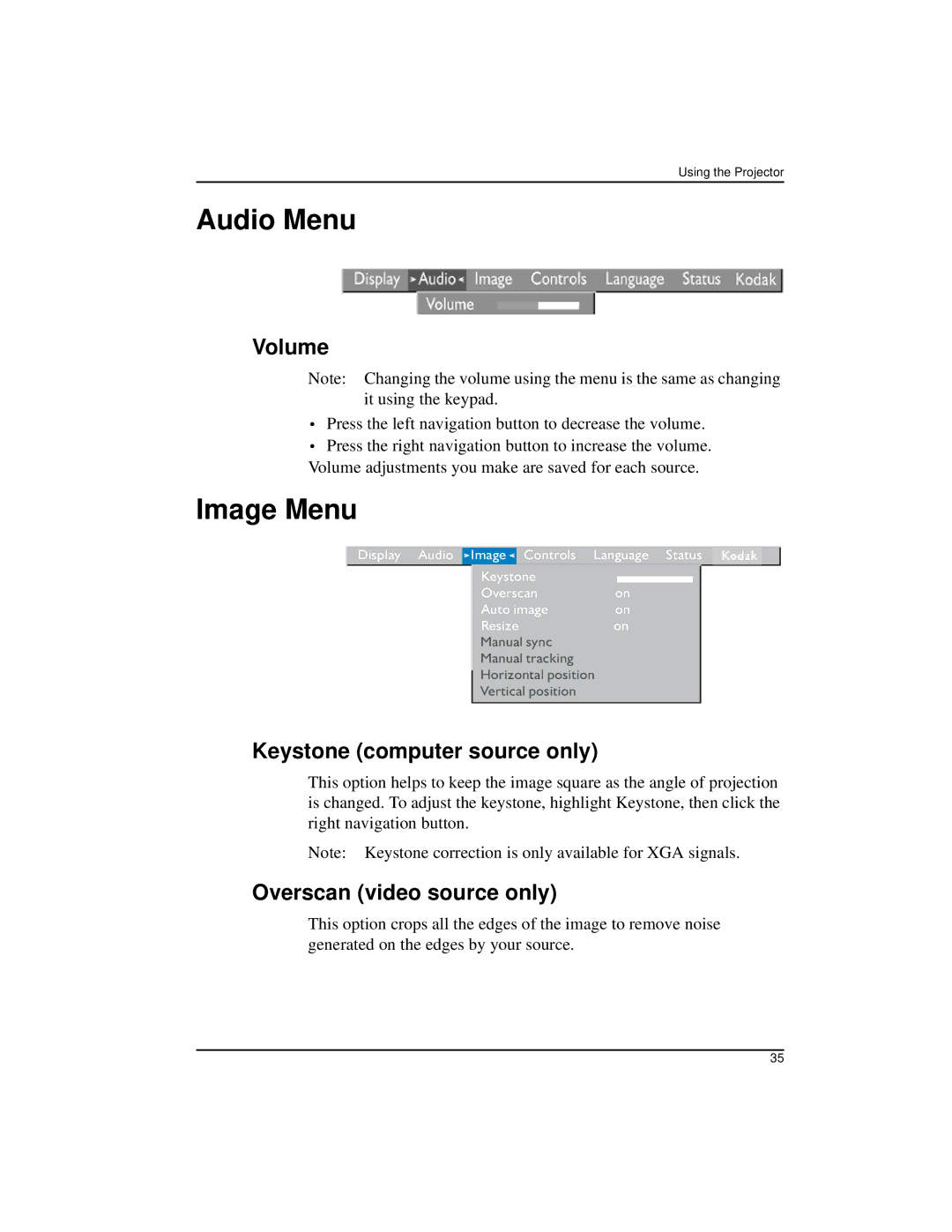 Kodak DP2900 manual Audio Menu, Image Menu, Volume, Keystone computer source only, Overscan video source only 