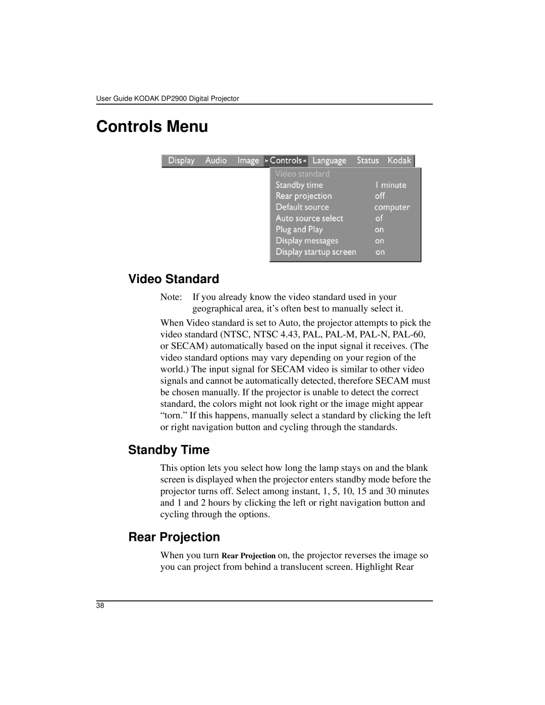 Kodak DP2900 manual Controls Menu, Video Standard, Standby Time, Rear Projection 