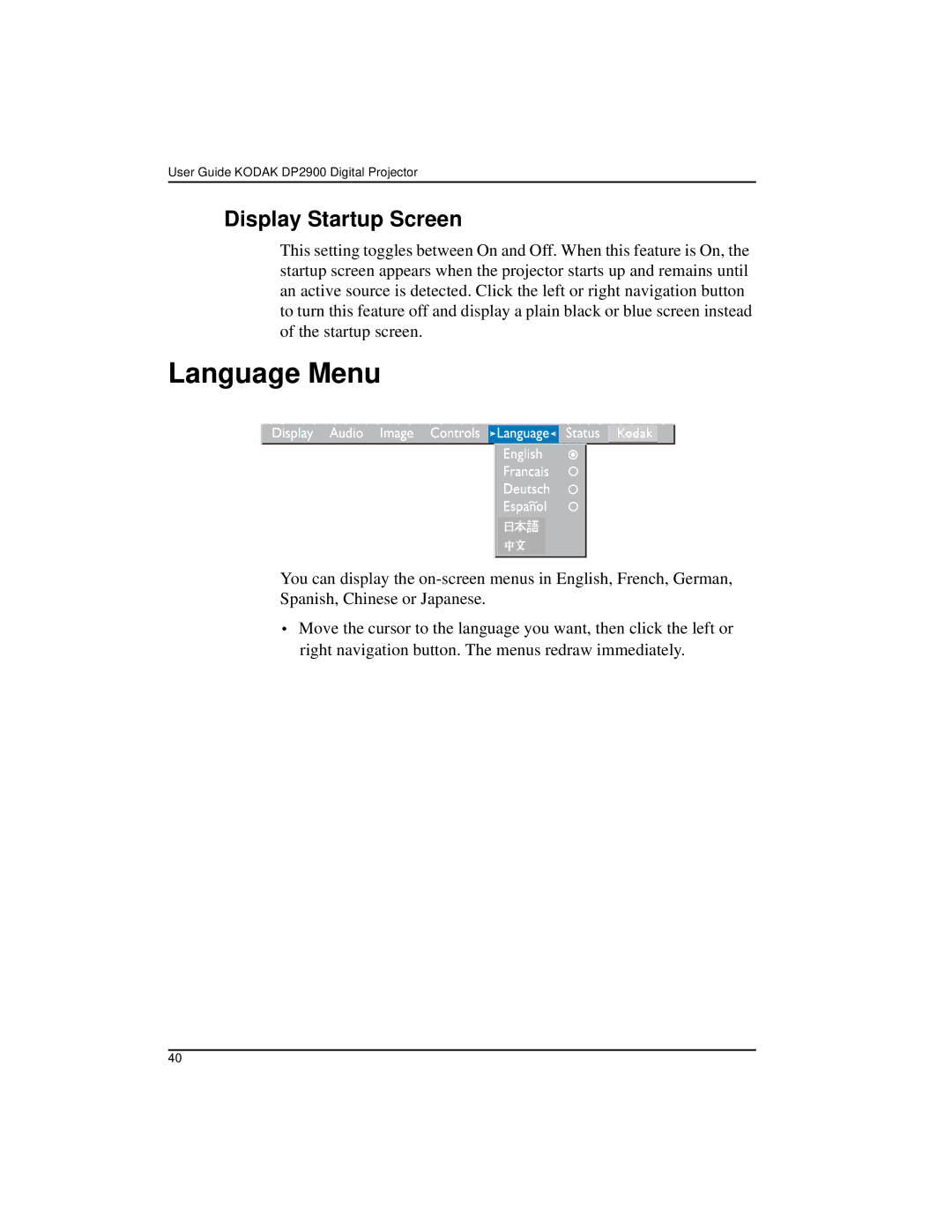 Kodak DP2900 manual Language Menu, Display Startup Screen 