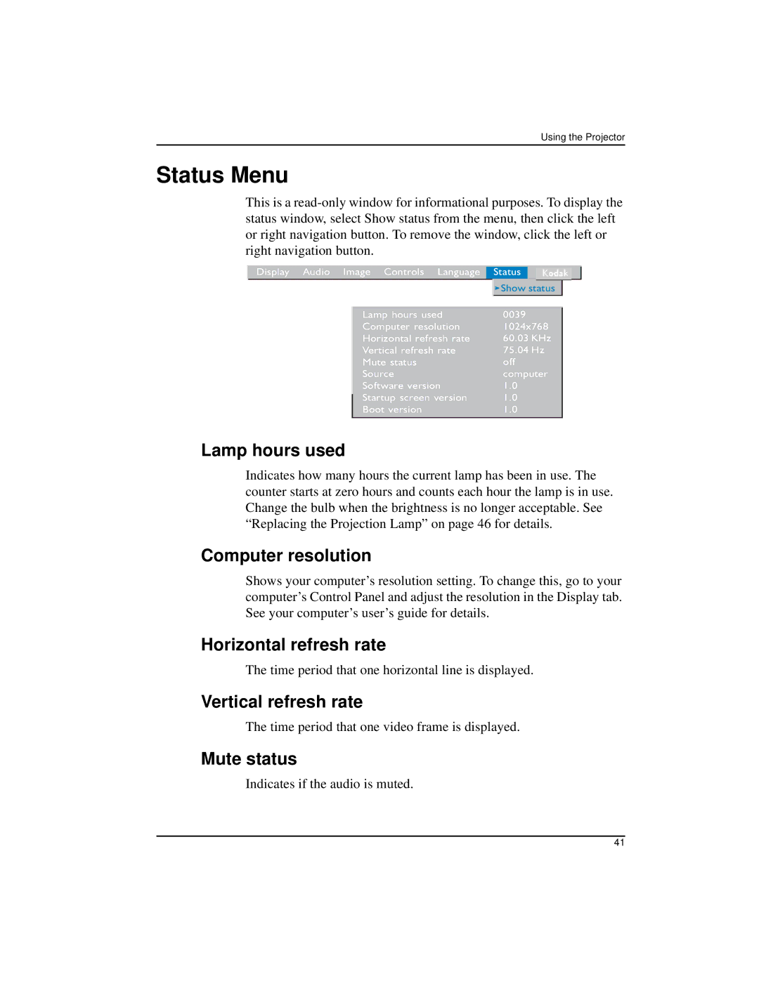 Kodak DP2900 manual Status Menu 