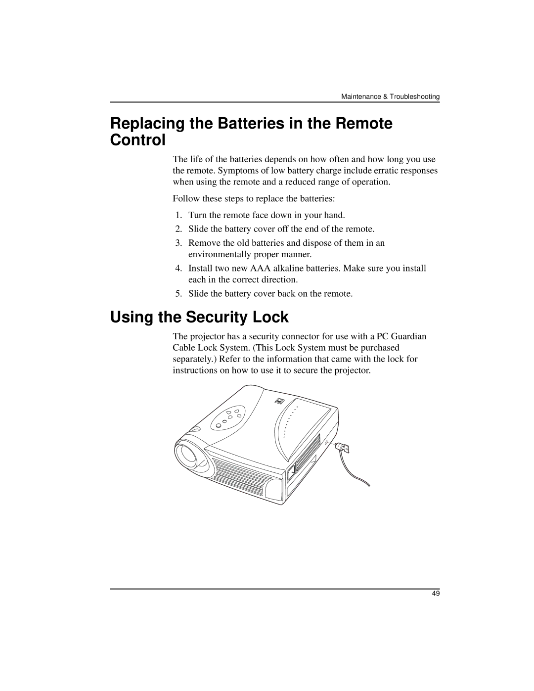 Kodak DP2900 manual Replacing the Batteries in the Remote Control, Using the Security Lock 