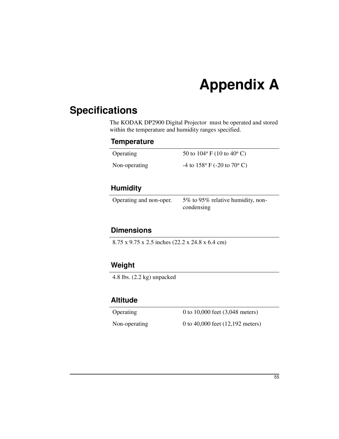 Kodak DP2900 manual Appendix a, Specifications 